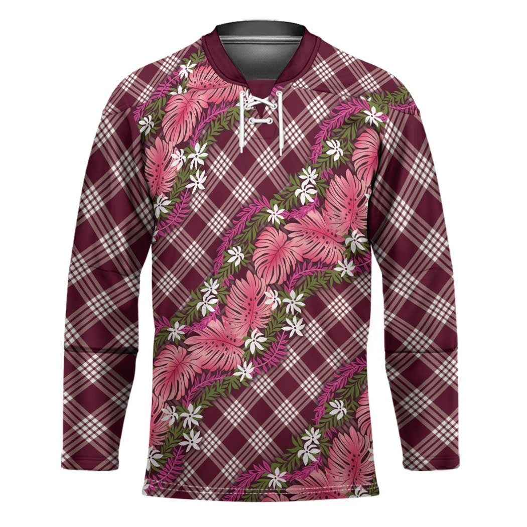 Polynesian Monstera Tiare Floral Hockey Jersey Fuchsia Tropical Plaid LT01 Unisex Pink - Polynesian Pride