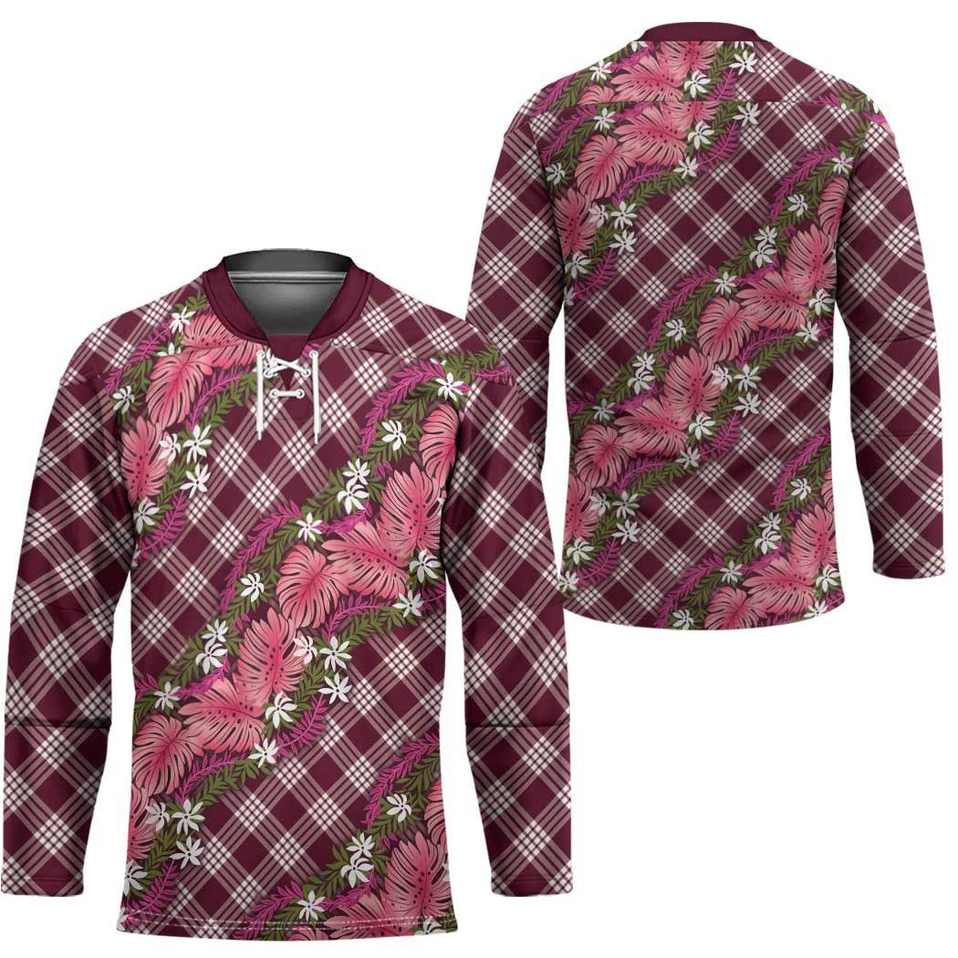 Polynesian Monstera Tiare Floral Hockey Jersey Fuchsia Tropical Plaid - Polynesian Pride