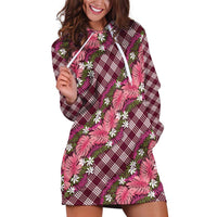 Polynesian Monstera Tiare Floral Hoodie Dress Fuchsia Tropical Plaid - Polynesian Pride
