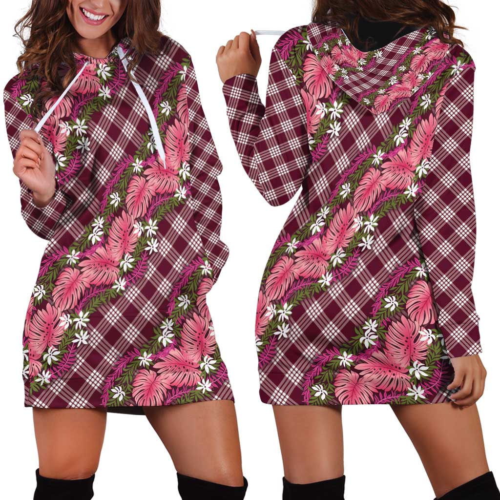 Polynesian Monstera Tiare Floral Hoodie Dress Fuchsia Tropical Plaid - Polynesian Pride