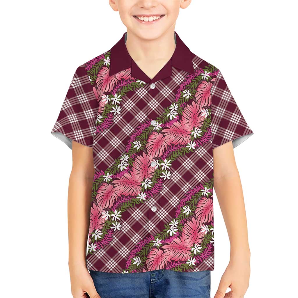 Polynesian Monstera Tiare Floral Kid Hawaiian Shirt Fuchsia Tropical Plaid LT01 Kid Pink - Polynesian Pride