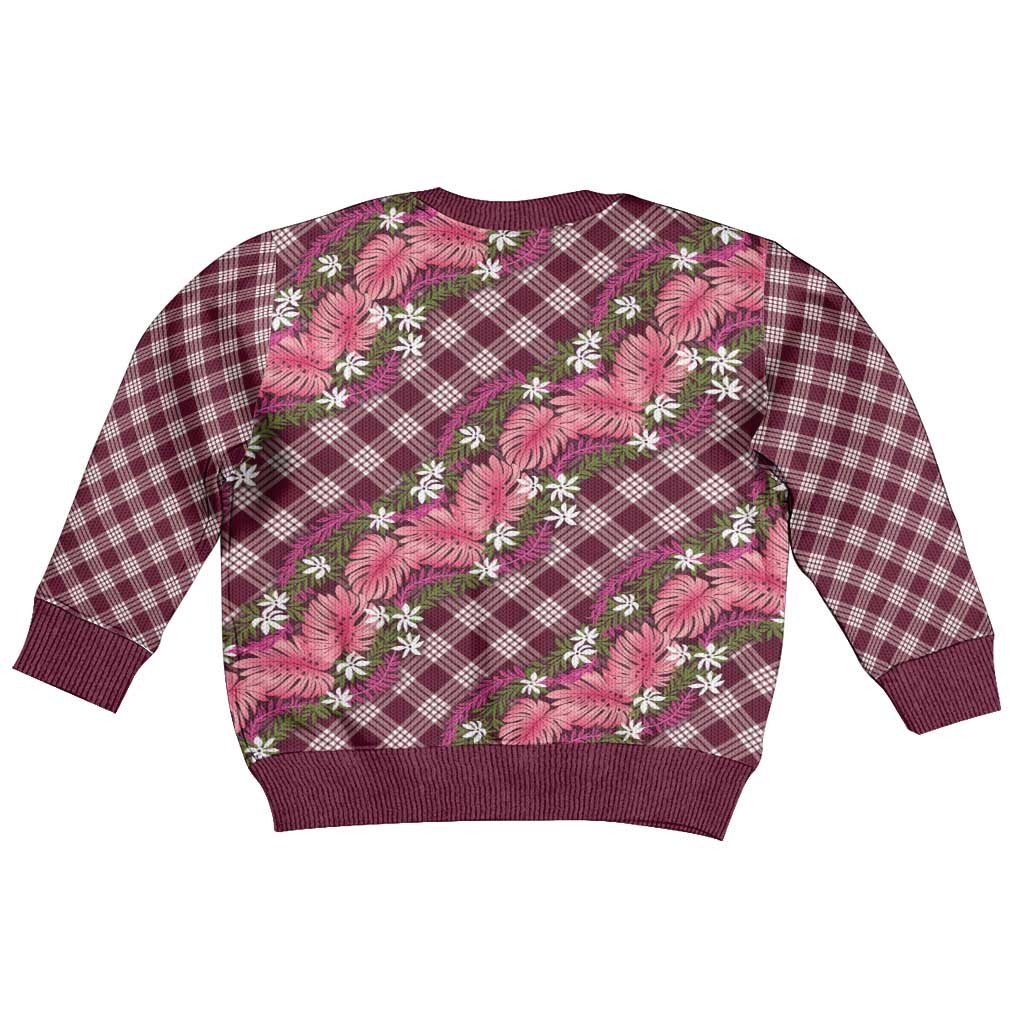 Polynesian Monstera Tiare Floral Kid Ugly Christmas Sweater Fuchsia Tropical Plaid - Polynesian Pride