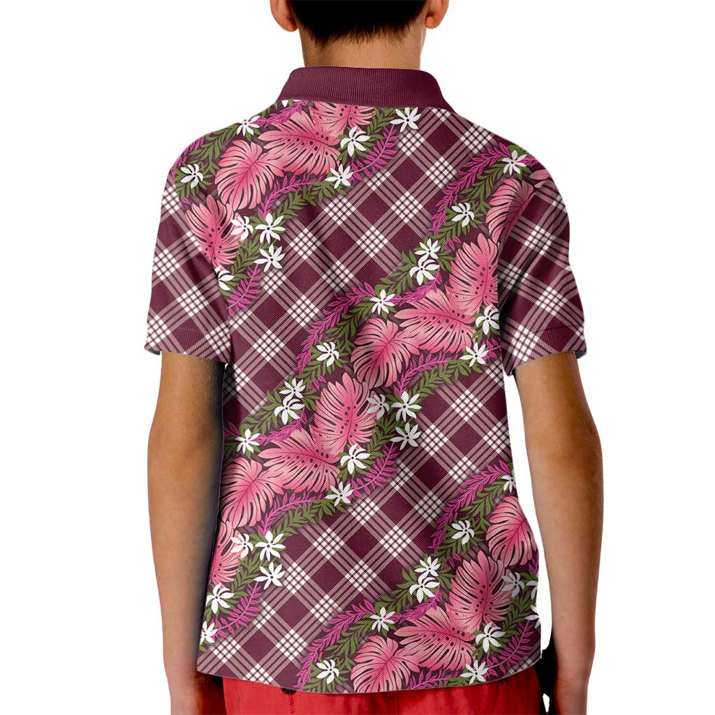 Polynesian Monstera Tiare Floral Kid Polo Shirt Fuchsia Tropical Plaid - Polynesian Pride