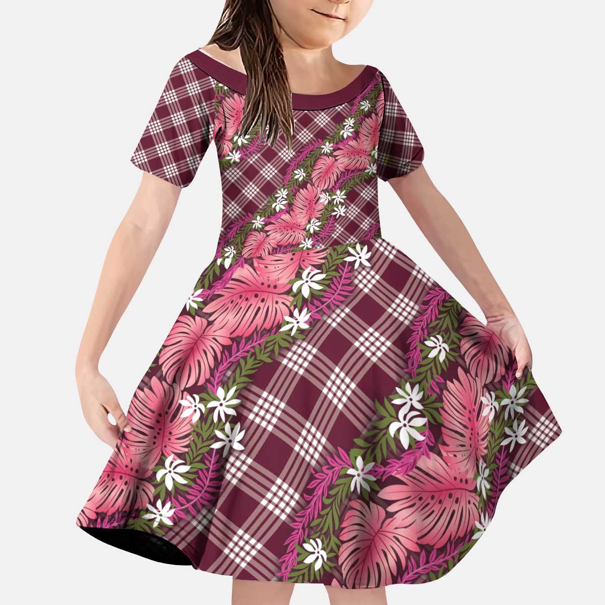 Polynesian Monstera Tiare Floral Kid Short Sleeve Dress Fuchsia Tropical Plaid LT01 KID Pink - Polynesian Pride