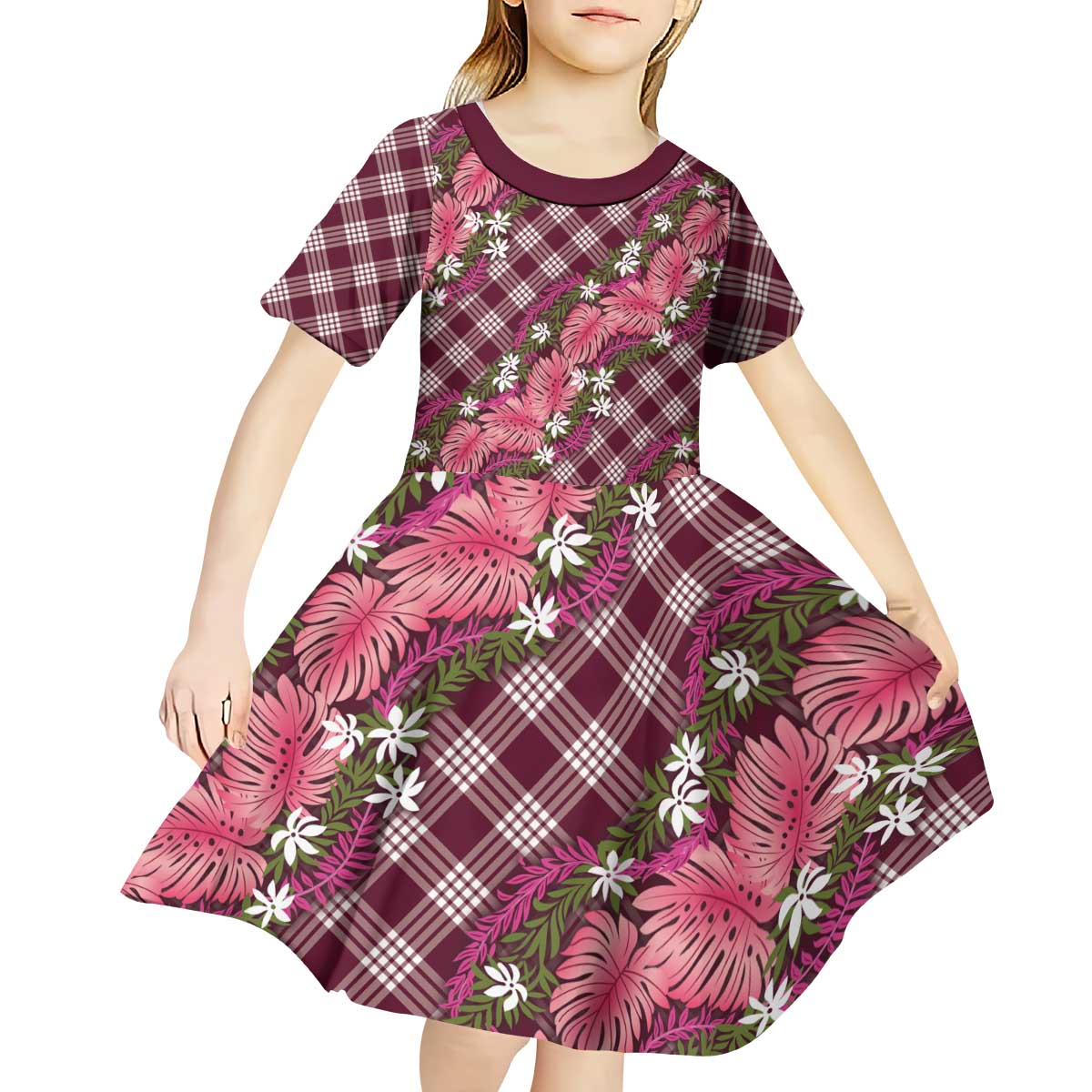 Polynesian Monstera Tiare Floral Kid Short Sleeve Dress Fuchsia Tropical Plaid - Polynesian Pride