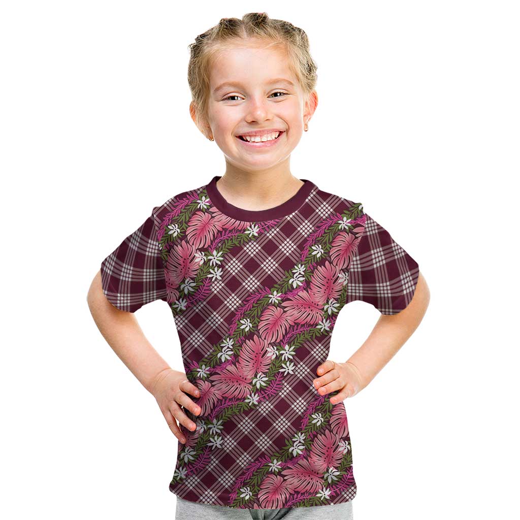 Polynesian Monstera Tiare Floral Kid T Shirt Fuchsia Tropical Plaid LT01 Pink - Polynesian Pride
