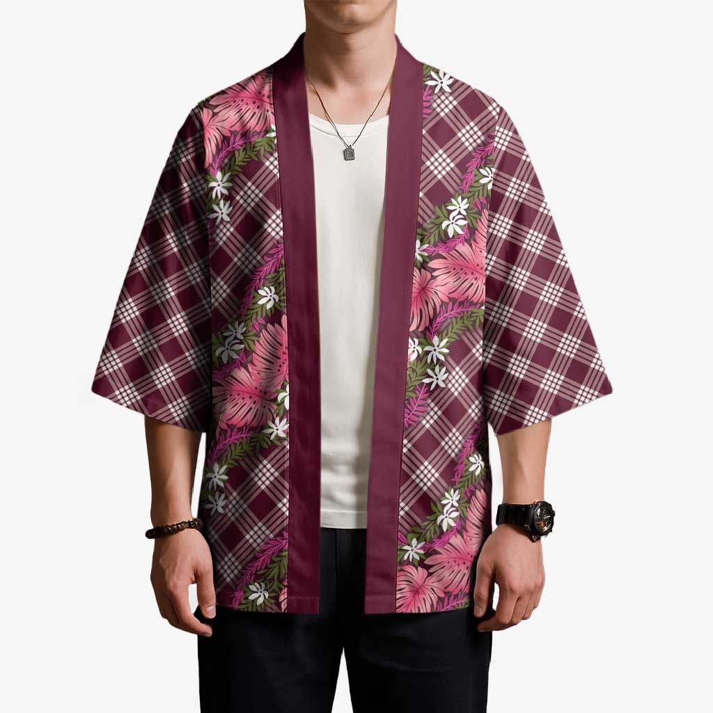 Polynesian Monstera Tiare Floral Kimono Fuchsia Tropical Plaid - Polynesian Pride