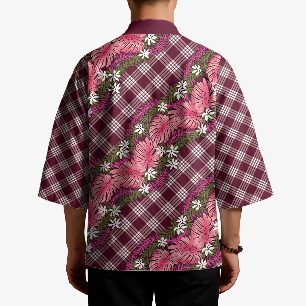 Polynesian Monstera Tiare Floral Kimono Fuchsia Tropical Plaid - Polynesian Pride