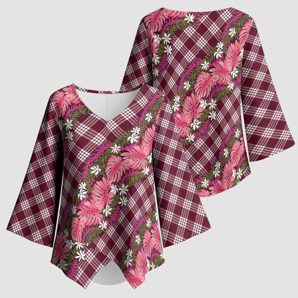 Polynesian Monstera Tiare Floral Kimono Sleeve Blouse Fuchsia Tropical Plaid - Polynesian Pride