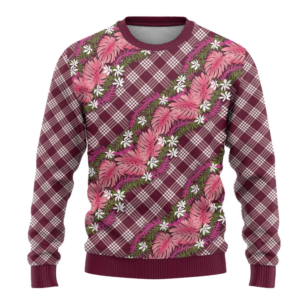 Polynesian Monstera Tiare Floral Ugly Christmas Sweater Fuchsia Tropical Plaid - Polynesian Pride