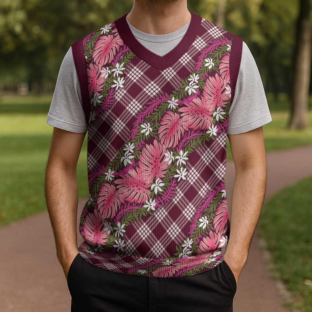 Polynesian Monstera Tiare Floral Christmas Knitted V-Neck Vest Fuchsia Tropical Plaid - Polynesian Pride