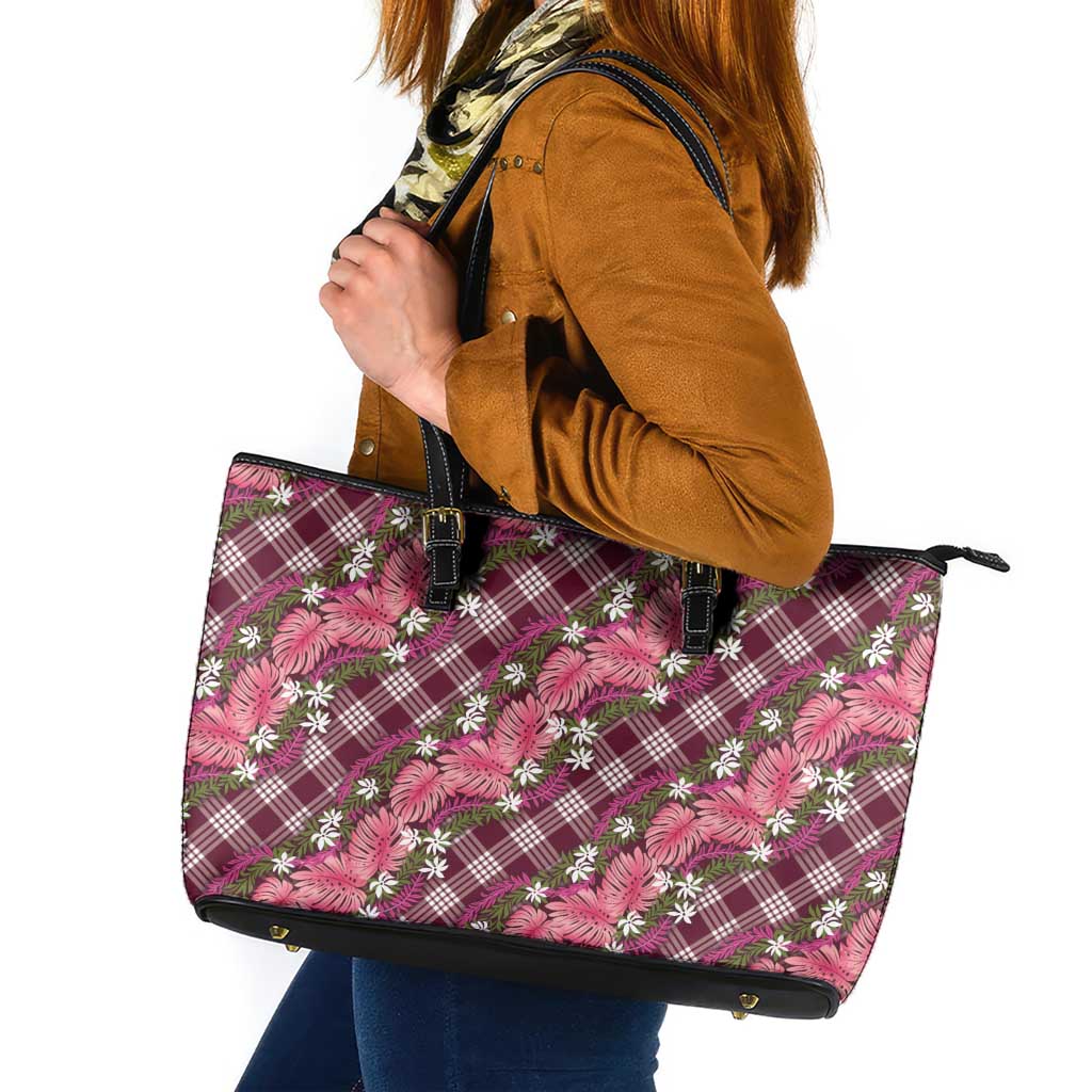 Polynesian Monstera Tiare Floral Leather Tote Bag Fuchsia Tropical Plaid LT01 Pink - Polynesian Pride