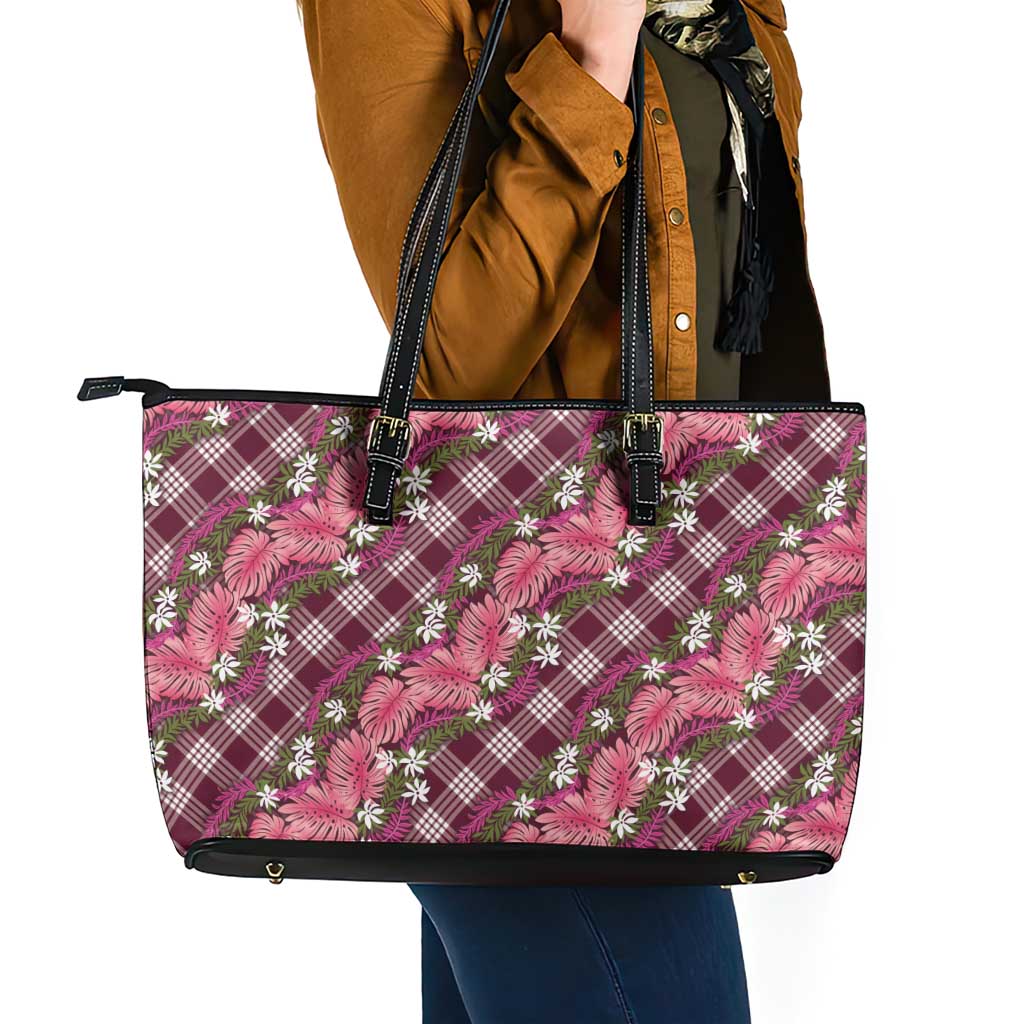 Polynesian Monstera Tiare Floral Leather Tote Bag Fuchsia Tropical Plaid - Polynesian Pride