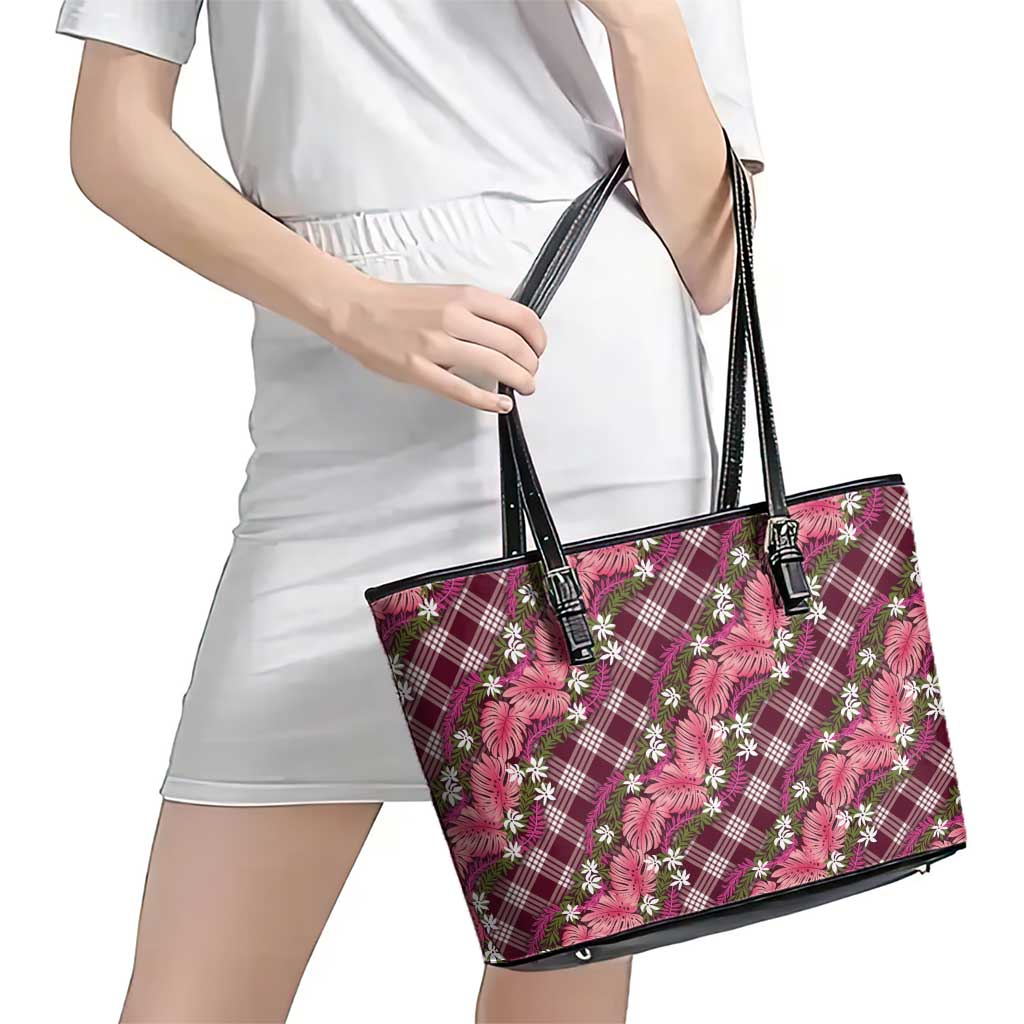 Polynesian Monstera Tiare Floral Leather Tote Bag Fuchsia Tropical Plaid - Polynesian Pride