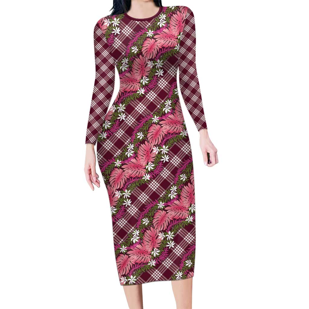 Polynesian Monstera Tiare Floral Long Sleeve Bodycon Dress Fuchsia Tropical Plaid LT01 Long Dress Pink - Polynesian Pride
