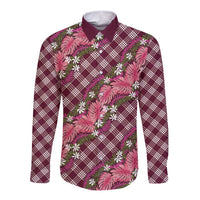 Polynesian Monstera Tiare Floral Long Sleeve Button Shirt Fuchsia Tropical Plaid - Polynesian Pride