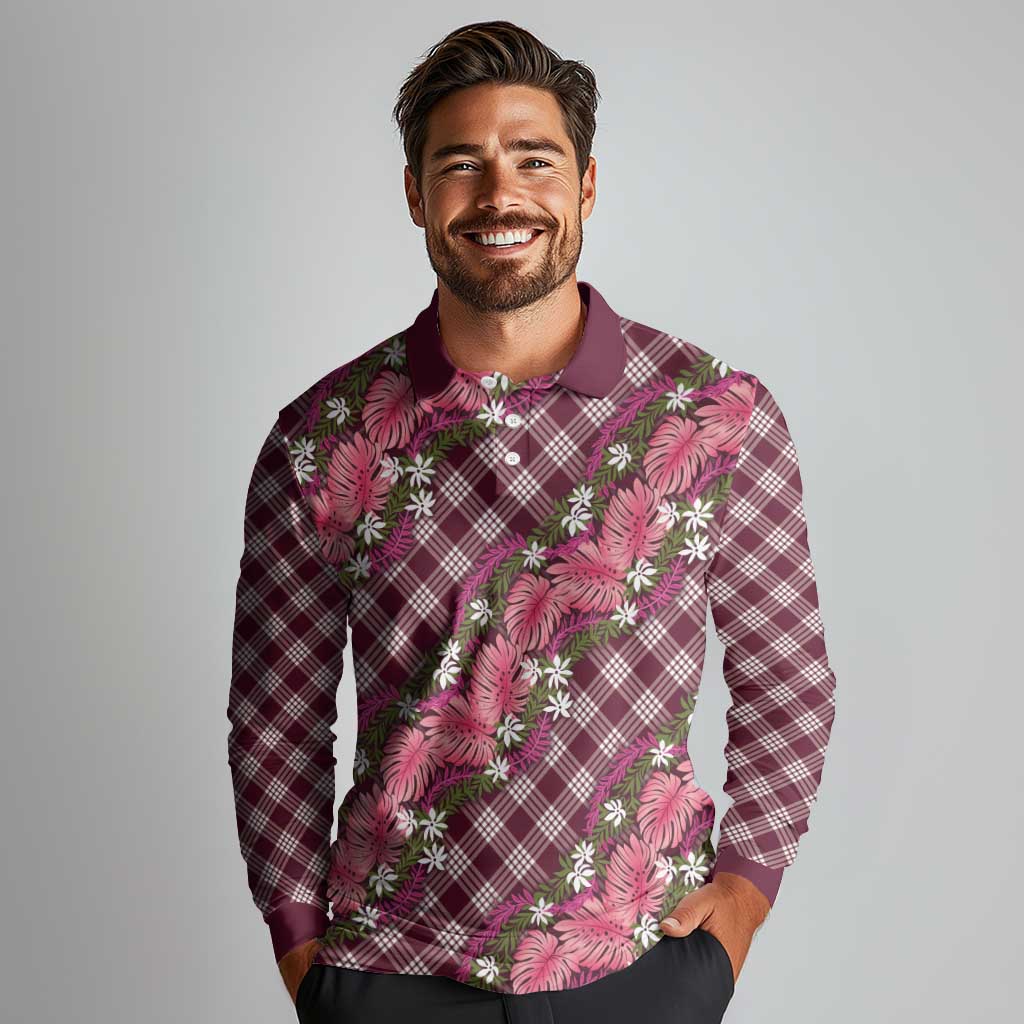 Polynesian Monstera Tiare Floral Long Sleeve Polo Shirt Fuchsia Tropical Plaid - Polynesian Pride