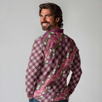 Polynesian Monstera Tiare Floral Long Sleeve Polo Shirt Fuchsia Tropical Plaid - Polynesian Pride