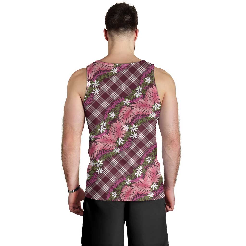 Polynesian Monstera Tiare Floral Men Tank Top Fuchsia Tropical Plaid - Polynesian Pride