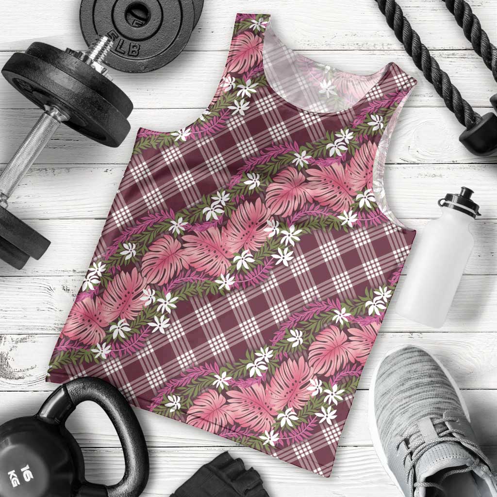 Polynesian Monstera Tiare Floral Men Tank Top Fuchsia Tropical Plaid - Polynesian Pride