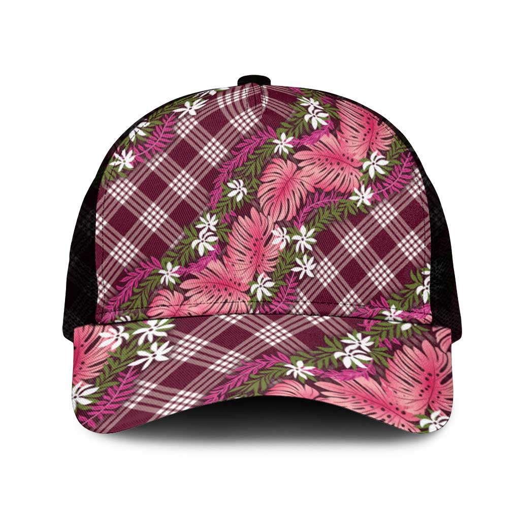 Polynesian Monstera Tiare Floral Mesh Trucker Cap Fuchsia Tropical Plaid - Polynesian Pride