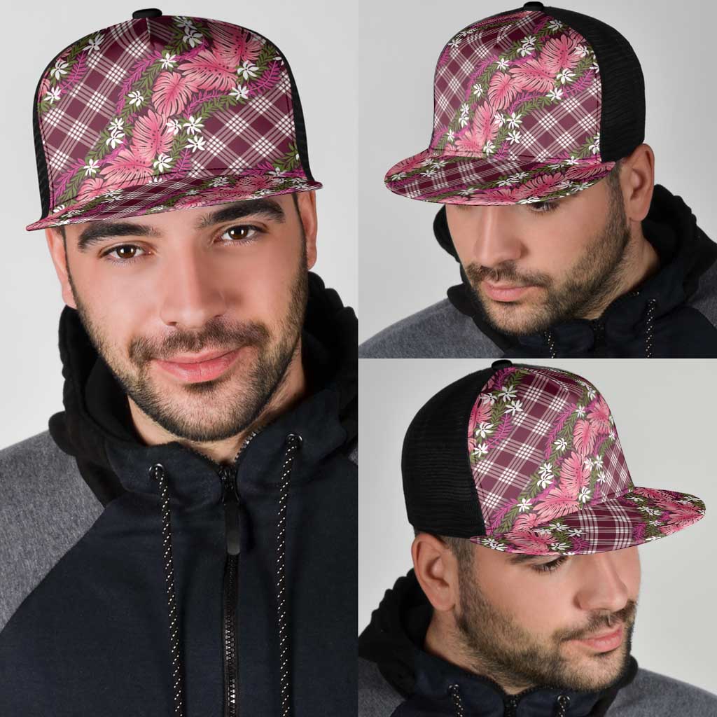 Polynesian Monstera Tiare Floral Mesh Trucker Cap Fuchsia Tropical Plaid - Polynesian Pride