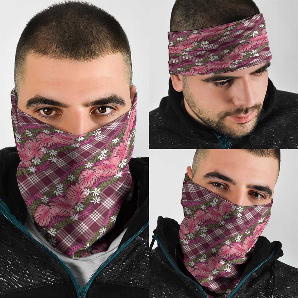 Polynesian Monstera Tiare Floral Neck Gaiter Fuchsia Tropical Plaid - Polynesian Pride