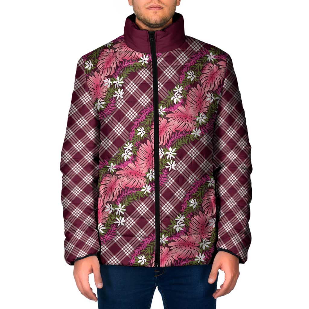 Polynesian Monstera Tiare Floral Padded Jacket Fuchsia Tropical Plaid LT01 Men Pink - Polynesian Pride