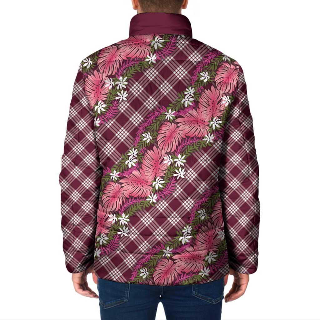 Polynesian Monstera Tiare Floral Padded Jacket Fuchsia Tropical Plaid - Polynesian Pride