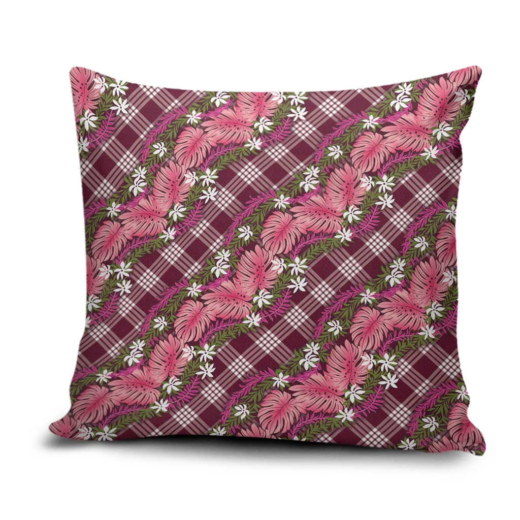 Polynesian Monstera Tiare Floral Pillow Cover Fuchsia Tropical Plaid - Polynesian Pride