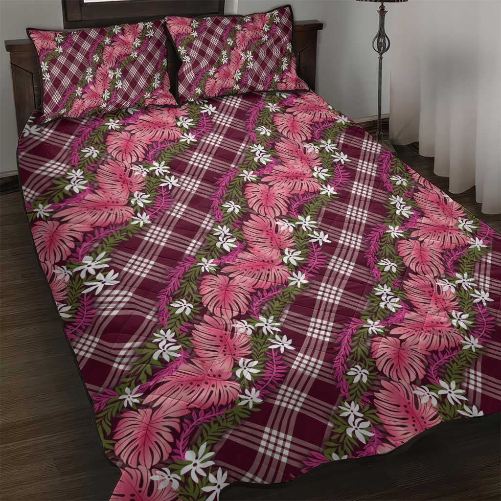 Polynesian Monstera Tiare Floral Quilt Bed Set Fuchsia Tropical Plaid - Polynesian Pride