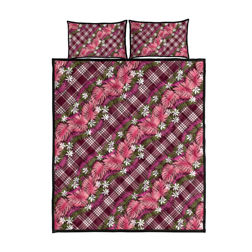 Polynesian Monstera Tiare Floral Quilt Bed Set Fuchsia Tropical Plaid - Polynesian Pride
