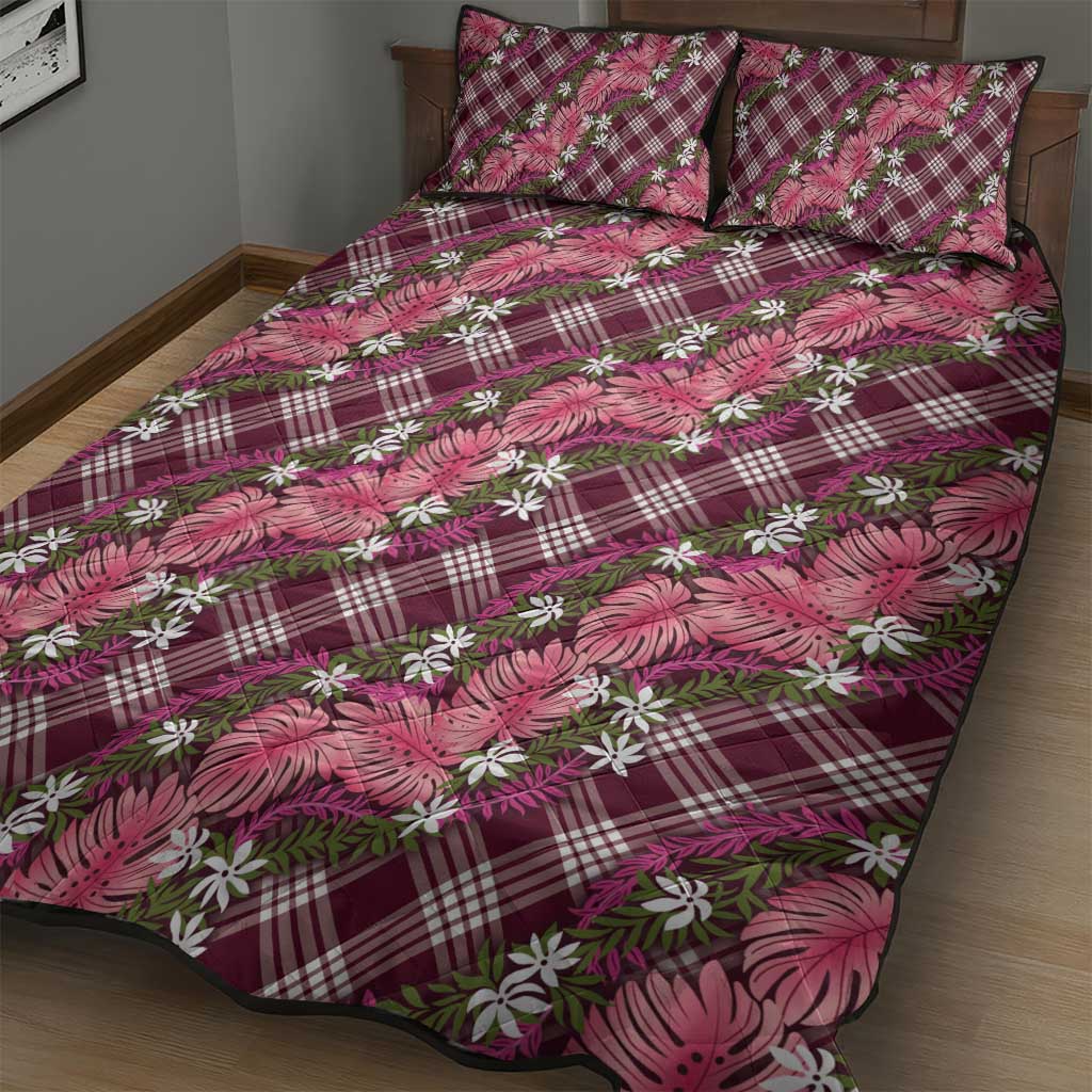 Polynesian Monstera Tiare Floral Quilt Bed Set Fuchsia Tropical Plaid - Polynesian Pride