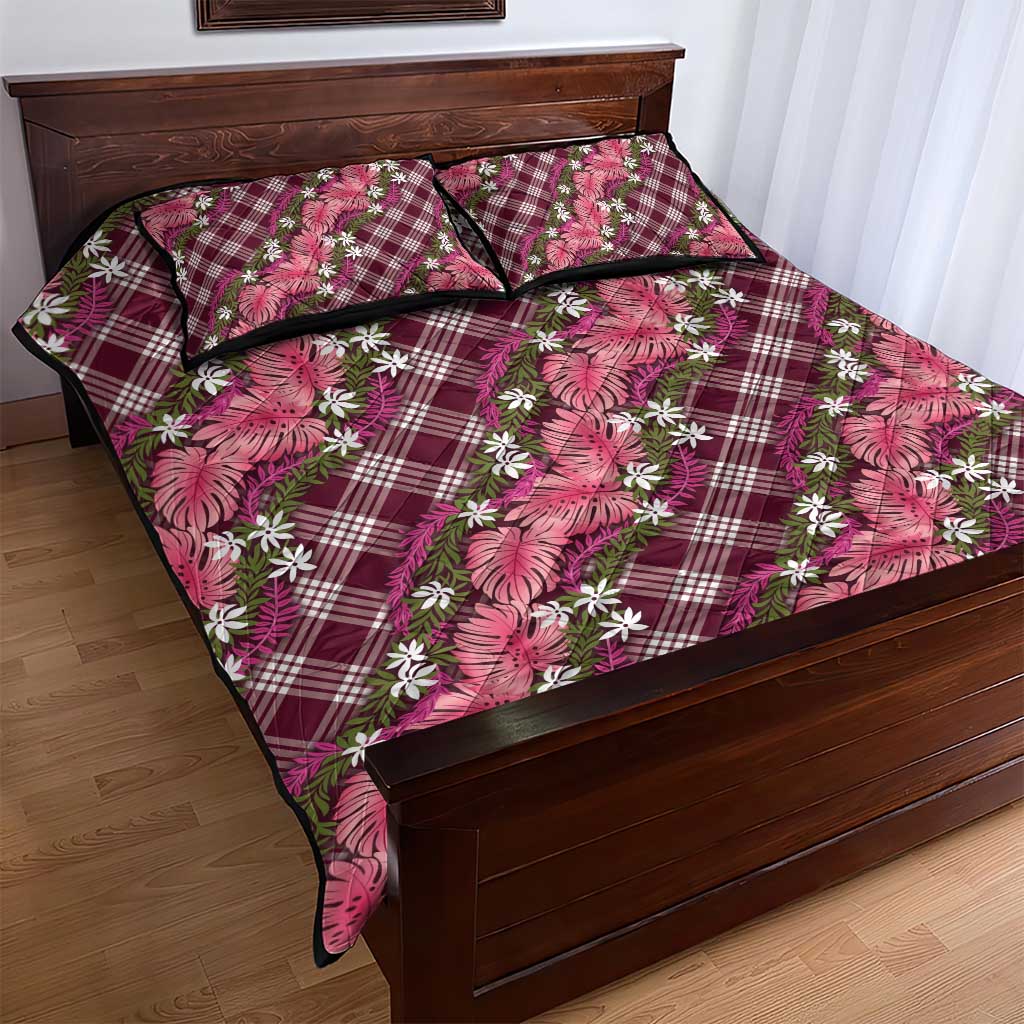Polynesian Monstera Tiare Floral Quilt Bed Set Fuchsia Tropical Plaid - Polynesian Pride