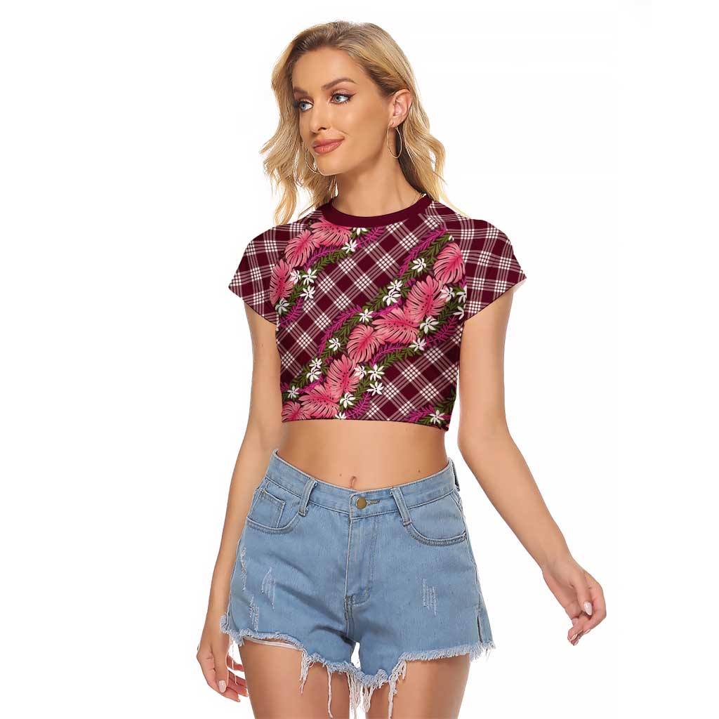 Polynesian Monstera Tiare Floral Raglan Cropped T Shirt Fuchsia Tropical Plaid LT01 Female Pink - Polynesian Pride
