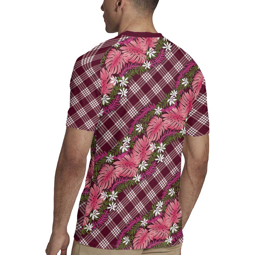 Polynesian Monstera Tiare Floral Rugby Jersey Fuchsia Tropical Plaid - Polynesian Pride