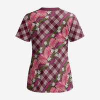 Polynesian Monstera Tiare Floral Scrub Top Fuchsia Tropical Plaid - Polynesian Pride