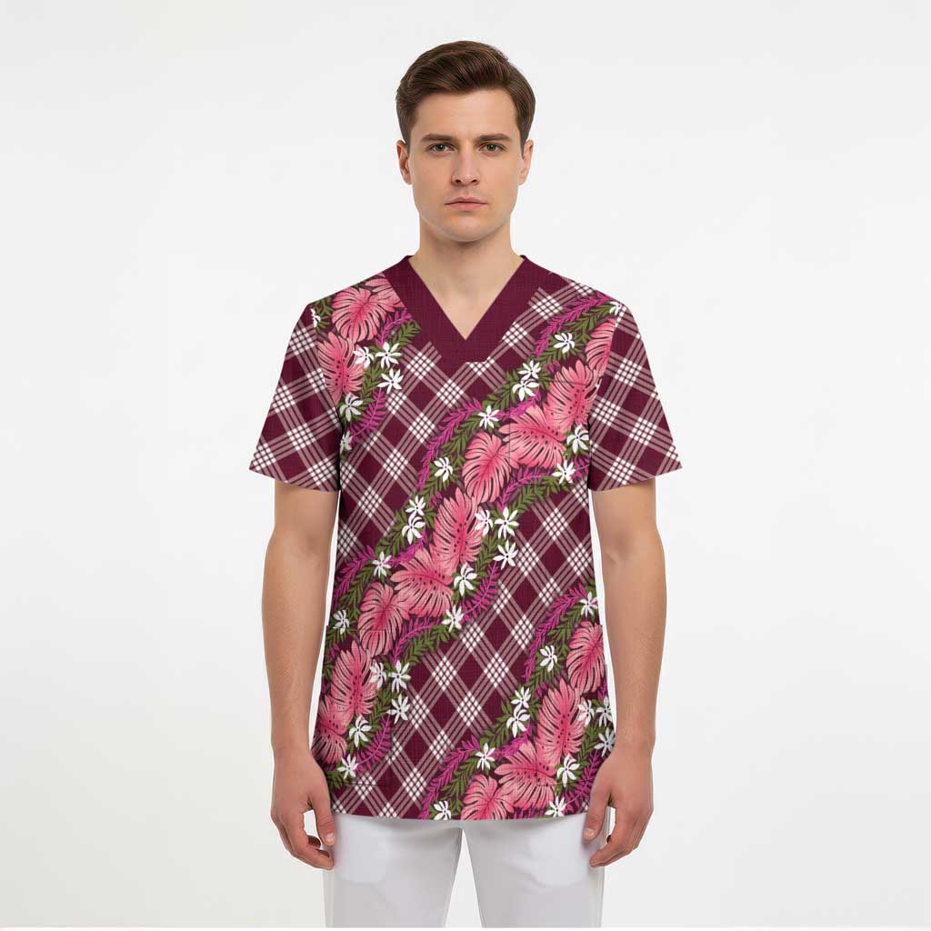 Polynesian Monstera Tiare Floral Scrub Top Fuchsia Tropical Plaid - Polynesian Pride