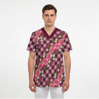 Polynesian Monstera Tiare Floral Scrub Top Fuchsia Tropical Plaid - Polynesian Pride