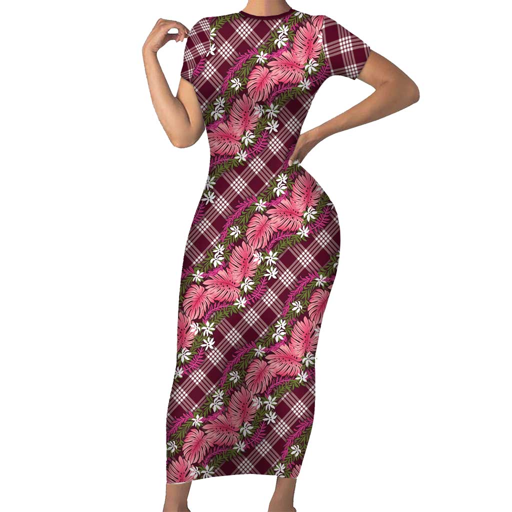 Polynesian Monstera Tiare Floral Short Sleeve Bodycon Dress Fuchsia Tropical Plaid - Polynesian Pride