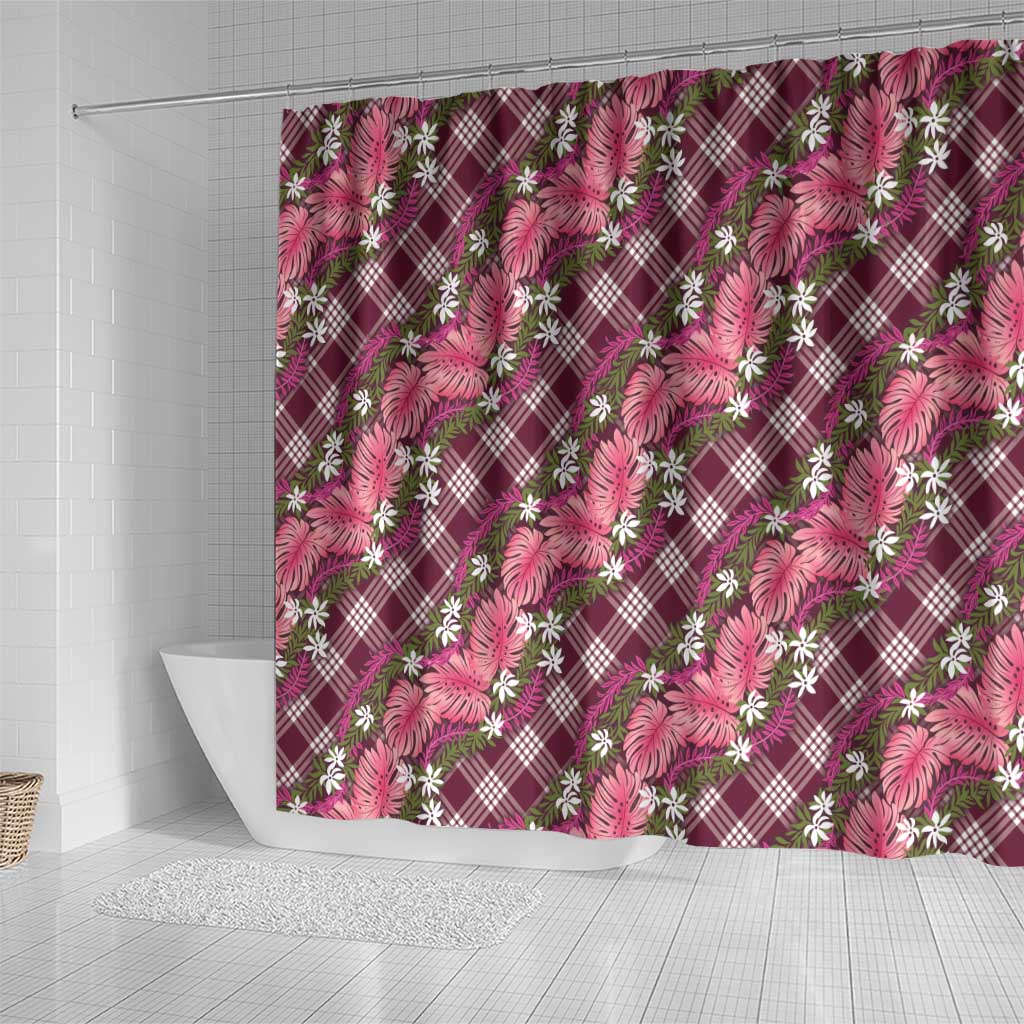 Polynesian Monstera Tiare Floral Shower Curtain Fuchsia Tropical Plaid - Polynesian Pride