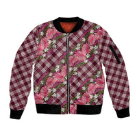 Polynesian Monstera Tiare Floral Sleeve Zip Bomber Jacket Fuchsia Tropical Plaid - Polynesian Pride