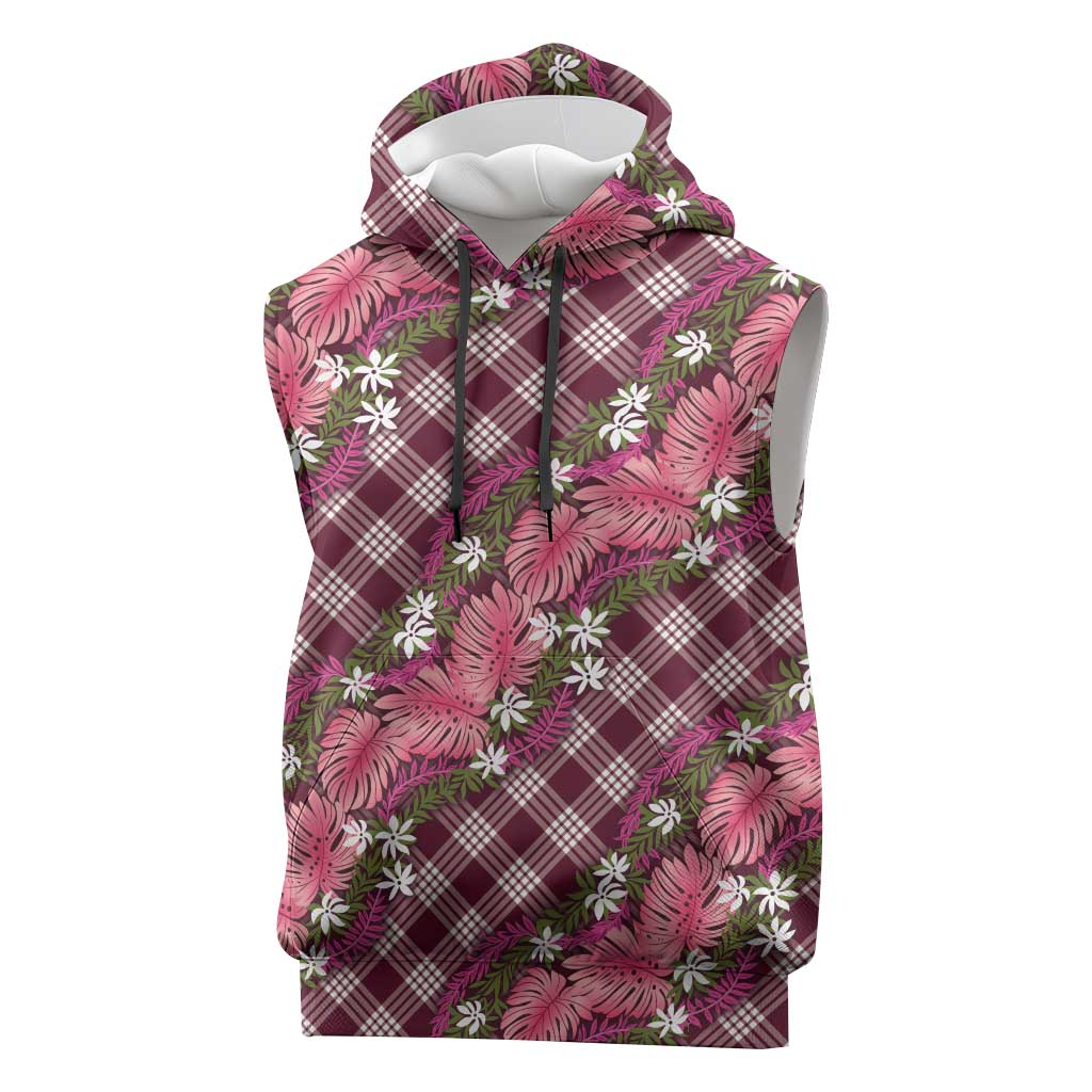 Polynesian Monstera Tiare Floral Sleeveless Hoodie Fuchsia Tropical Plaid - Polynesian Pride