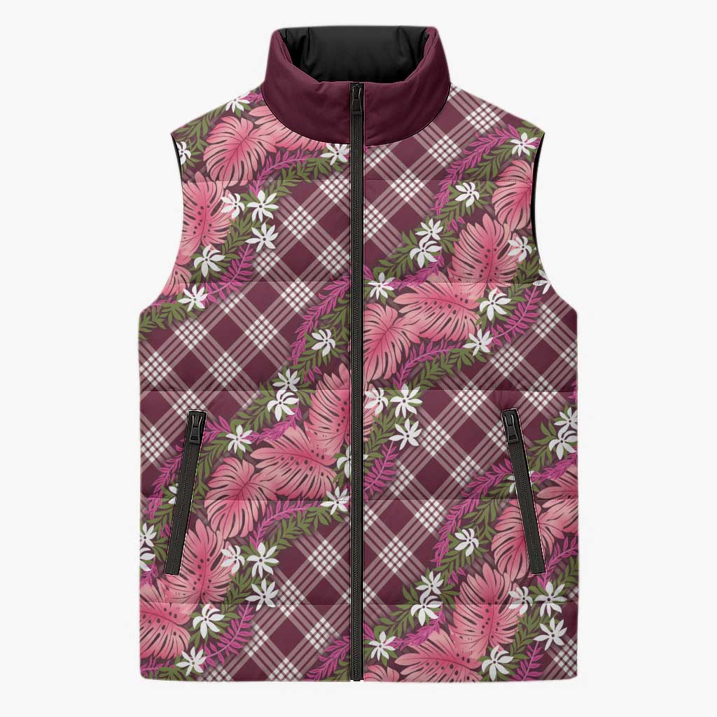 Polynesian Monstera Tiare Floral Sleeveless Puffer Jacket Fuchsia Tropical Plaid - Polynesian Pride
