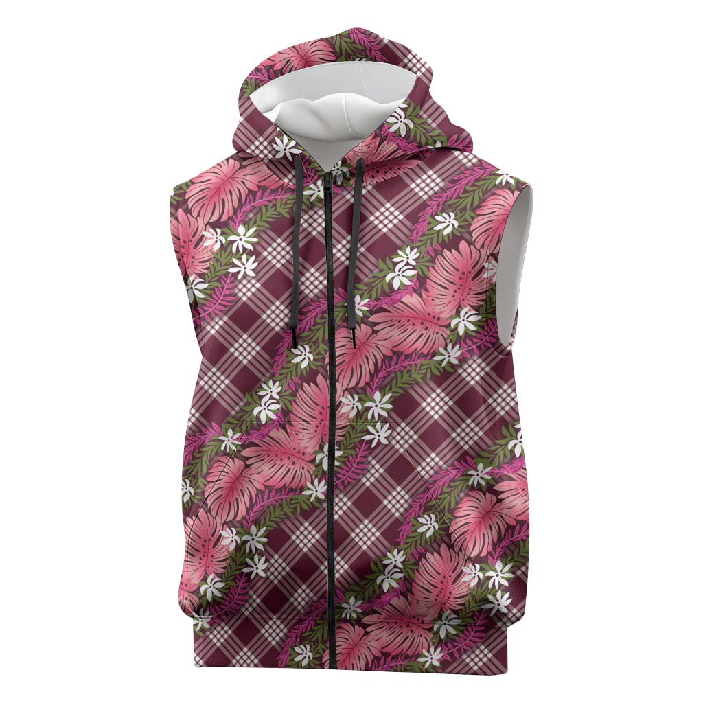 Polynesian Monstera Tiare Floral Sleeveless Zip Hoodie Fuchsia Tropical Plaid LT01 Pink - Polynesian Pride