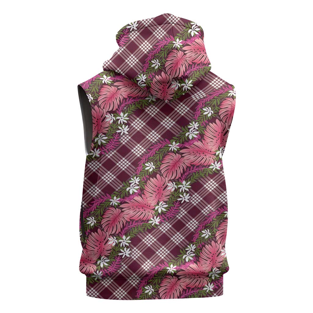 Polynesian Monstera Tiare Floral Sleeveless Zip Hoodie Fuchsia Tropical Plaid - Polynesian Pride