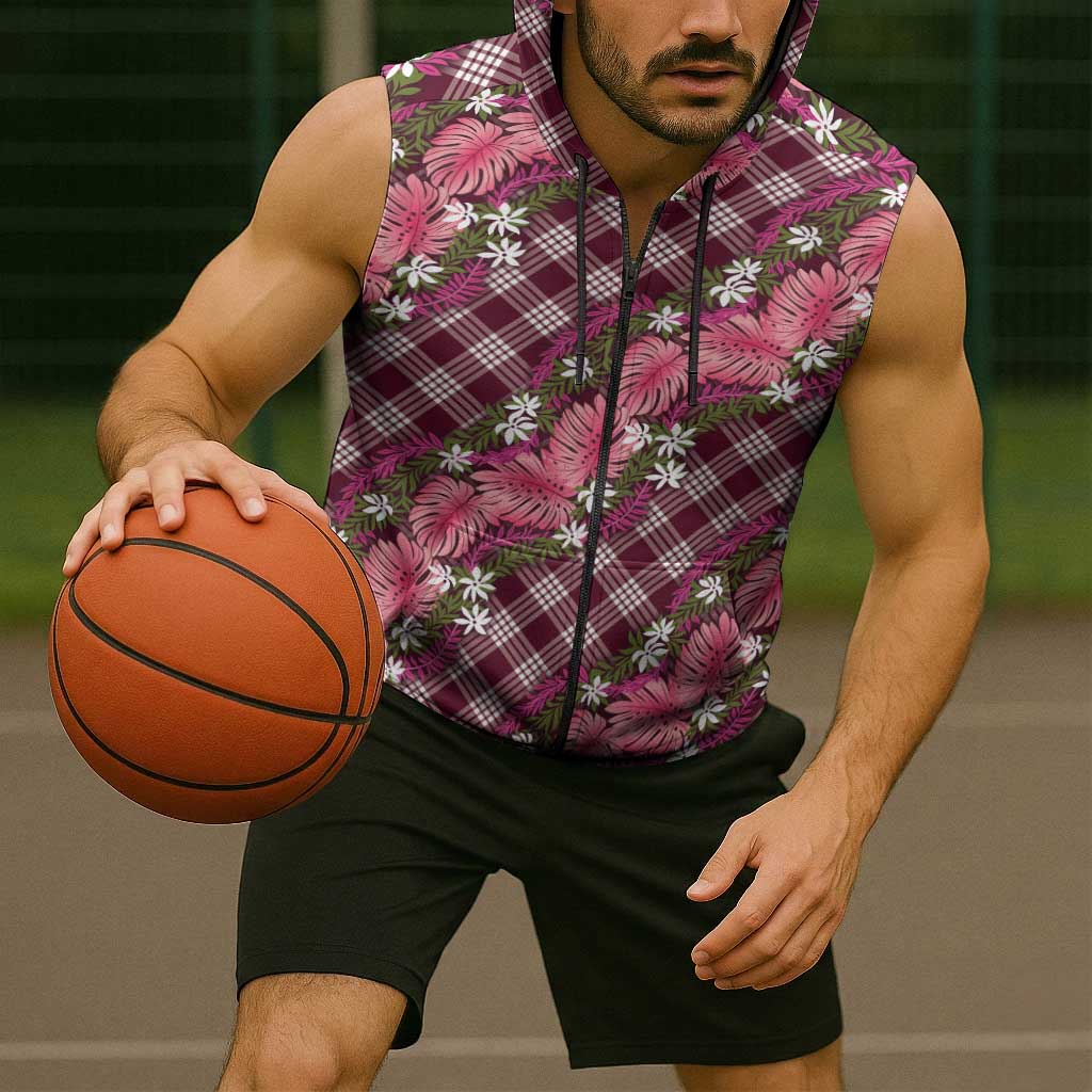 Polynesian Monstera Tiare Floral Sleeveless Zip Hoodie Fuchsia Tropical Plaid - Polynesian Pride