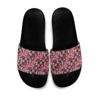 Polynesian Monstera Tiare Floral Slide Sandals Fuchsia Tropical Plaid - Polynesian Pride