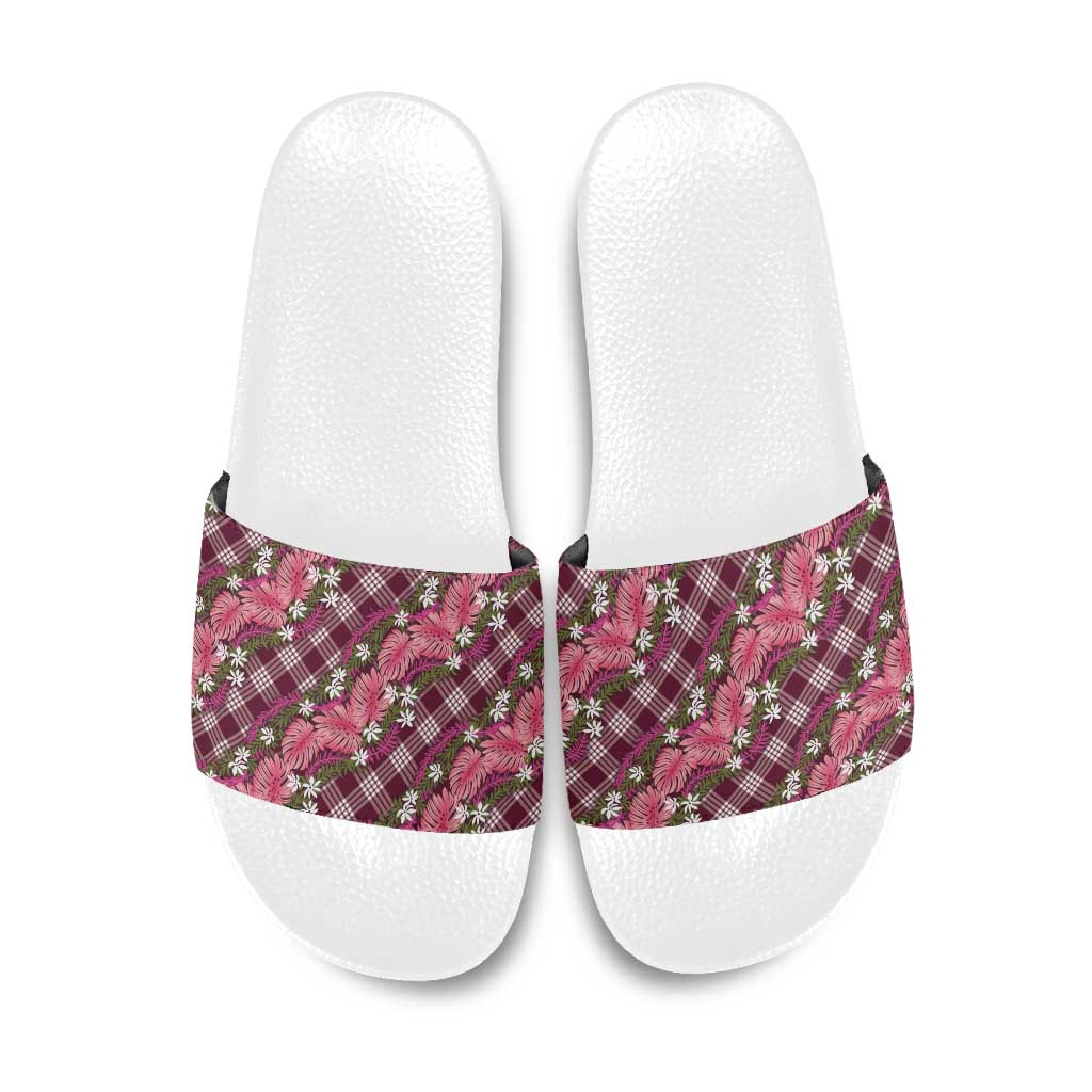 Polynesian Monstera Tiare Floral Slide Sandals Fuchsia Tropical Plaid - Polynesian Pride