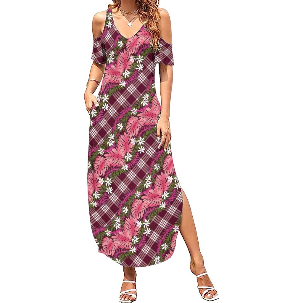 Polynesian Monstera Tiare Floral Summer Maxi Dress Fuchsia Tropical Plaid LT01 Women Pink - Polynesian Pride